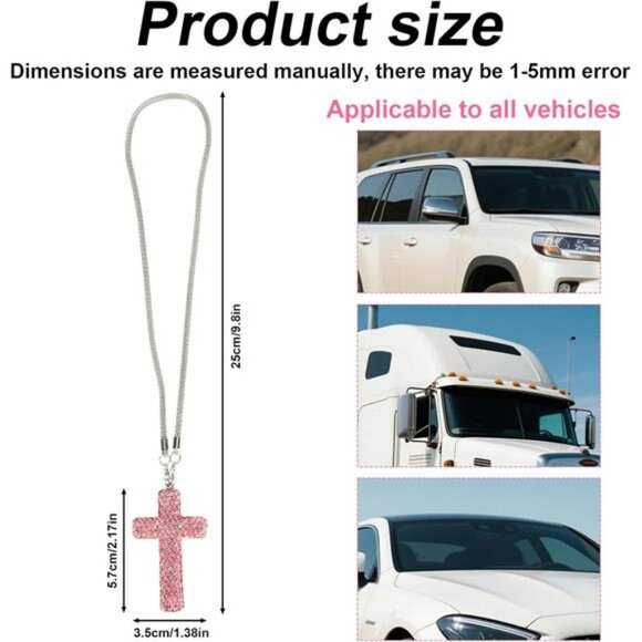 Pink rhinestone cross car mirror hanging ornament christian rearview charm decor - Picture 3 of 8